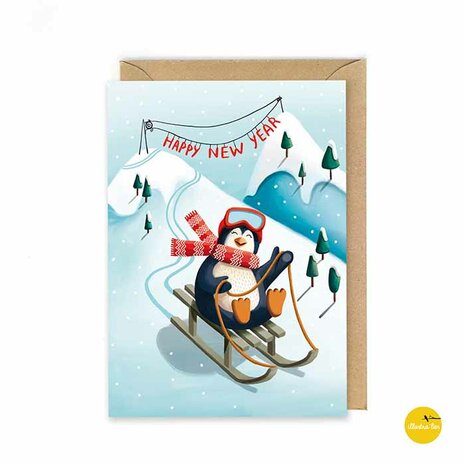 Kerst013eng Pinguïn slee - Happy new year