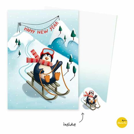 Kerst013eng Pinguïn slee - Happy new year
